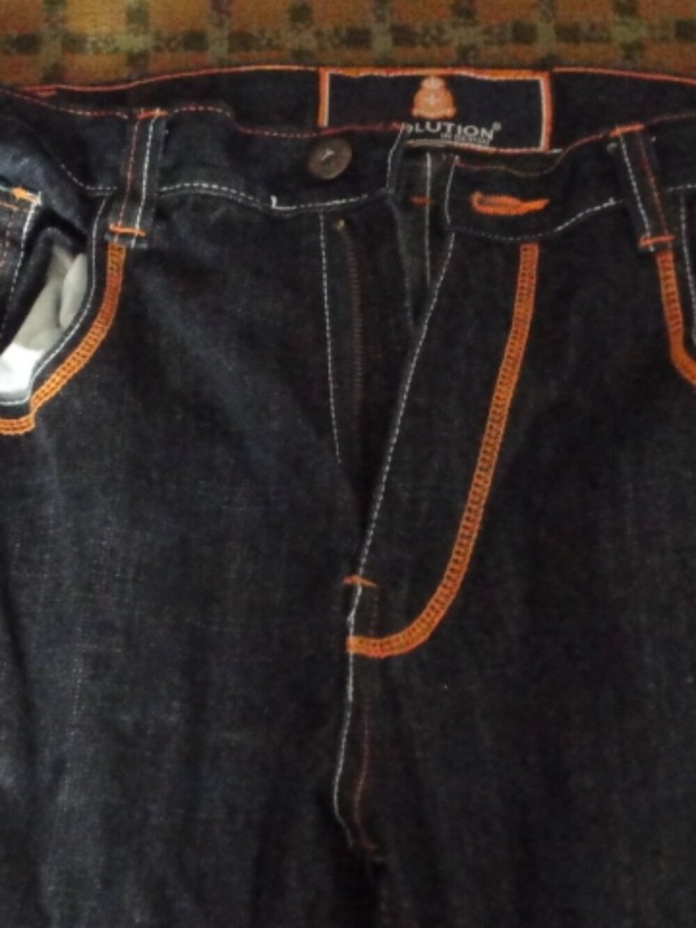 Evolution 100% Cotton Dark Navy Blue Denium with Orange Patch Size 34 Pants